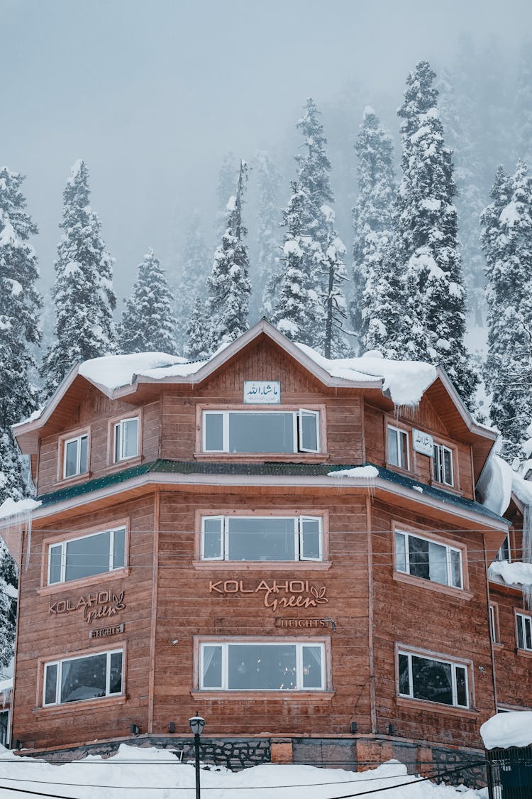 Hotel In Snow In Winter Mountains