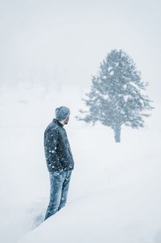 A solitary man in a beanie stands in a snowstorm, looking back at a snow-covered tree.