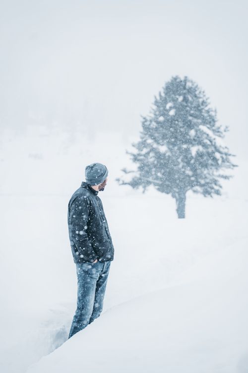 Free A solitary man in a beanie stands in a snowstorm, looking back at a snow-covered tree. Stock Photo