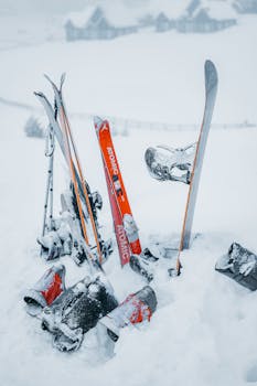 Snow-covered ski gear in Gulmarg, a popular winter sports destination.