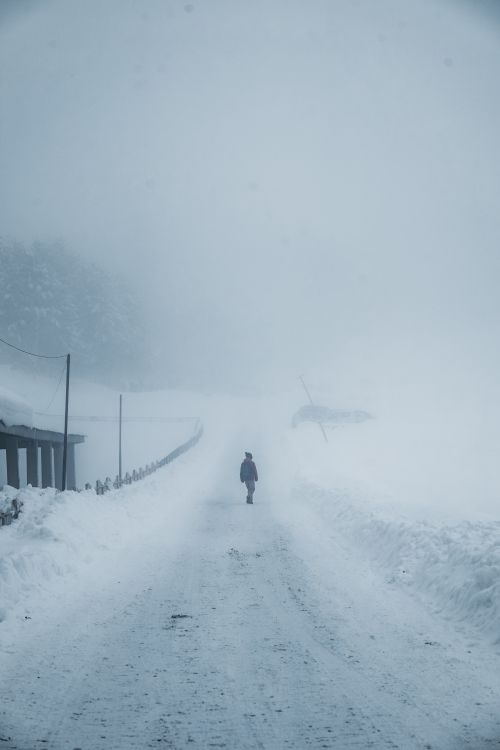 Free A person walks alone on a snow-covered path surrounded by fog during winter. Stock Photo