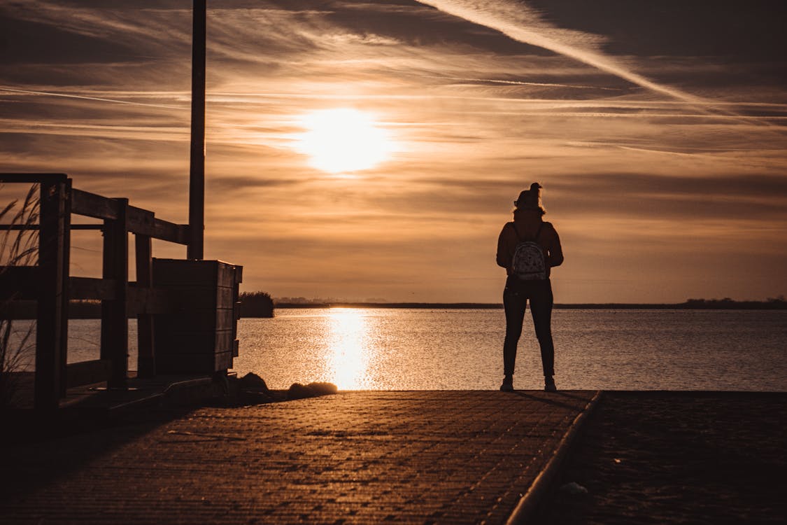 Silhouette of Man Standing on Concrete Floor near Ocean