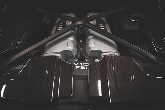 Close-up of a modern V10 engine with carbon fiber detailing, showcasing automotive power.