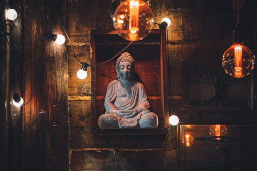 A serene Buddha sculpture illuminated by warm ambient lights against a wooden background.