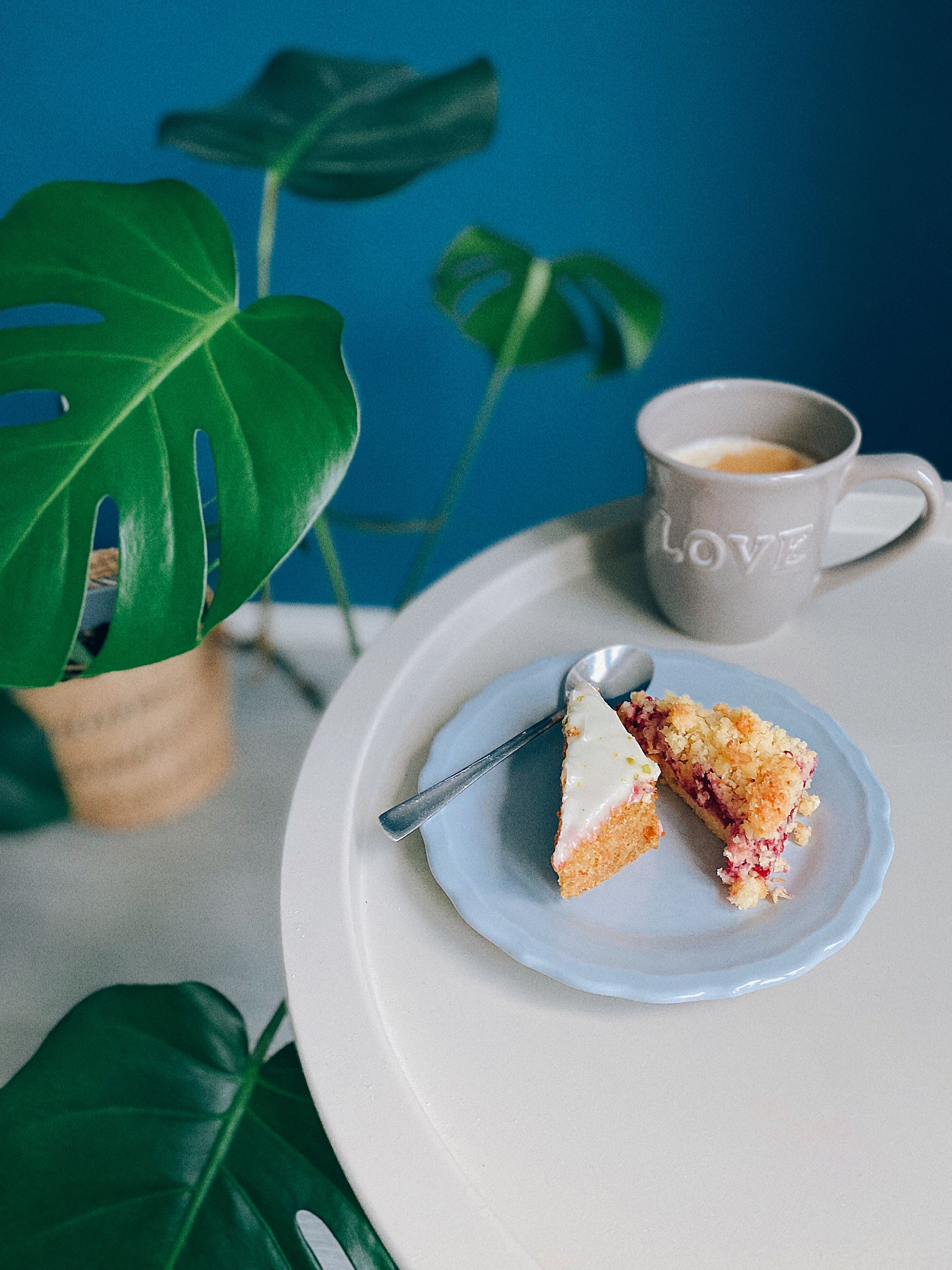 Slice of cake on a plate with coffee, surrounded by lush green leaves.