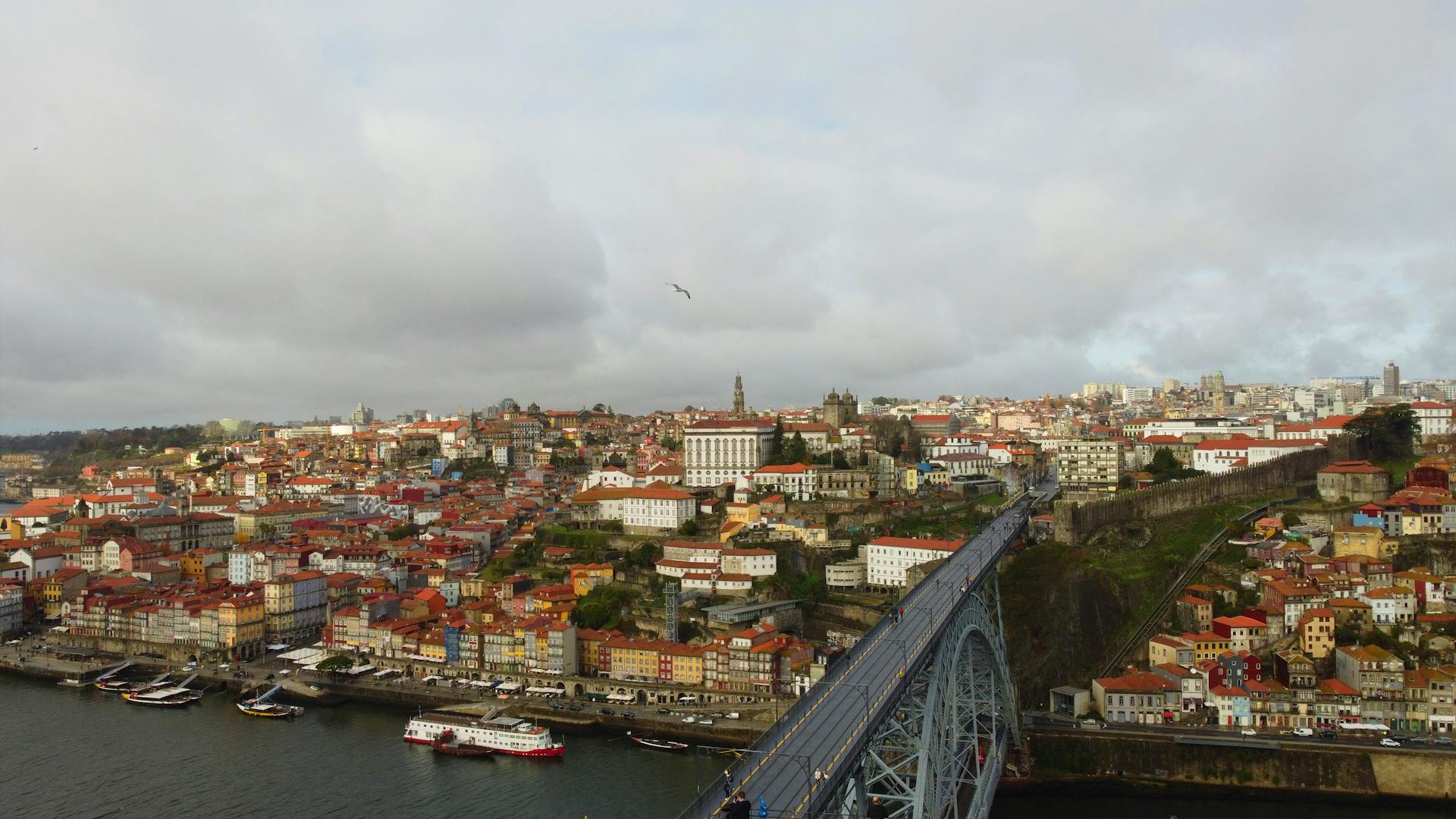 A scenic aerial cityscape of Porto featuring the iconic Dom Luís I Bridge on a cloudy day.