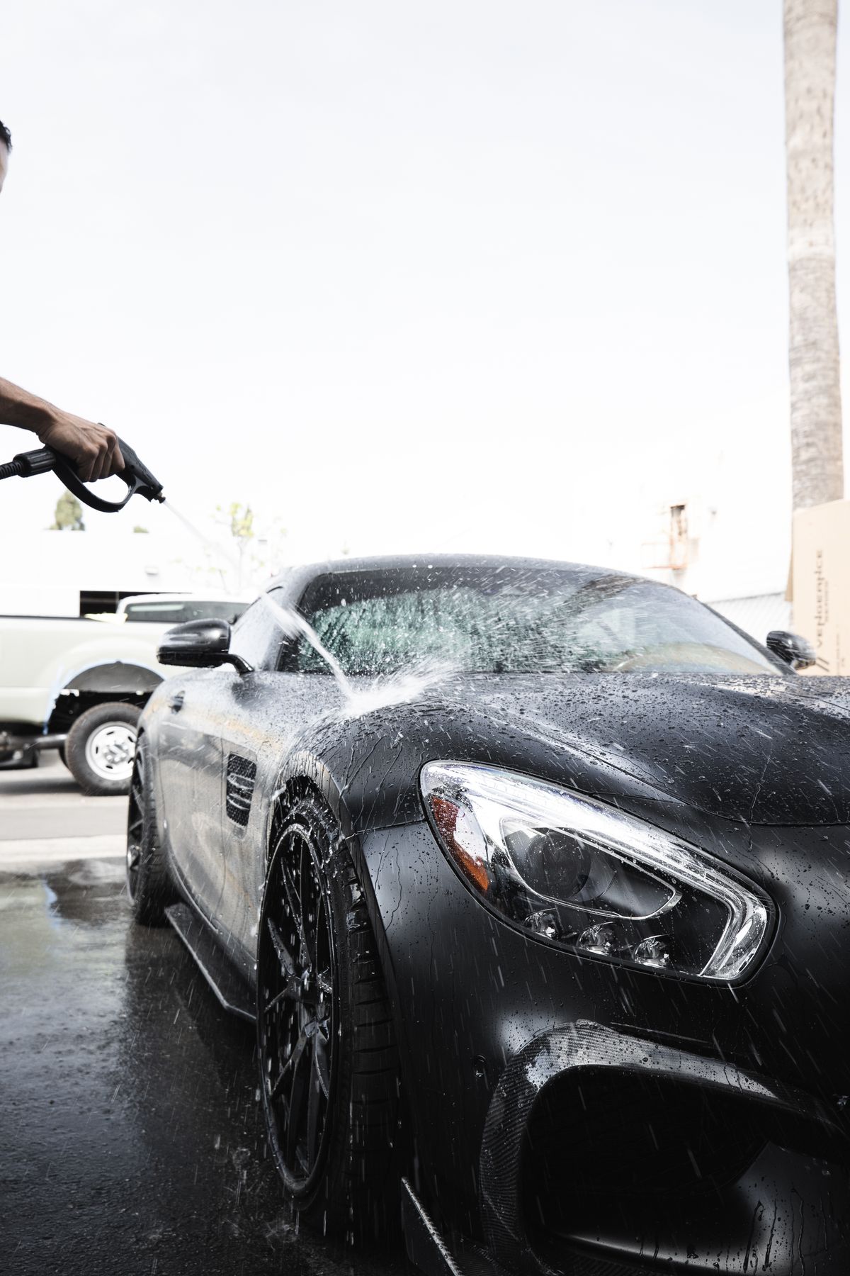 High-pressure water spray during professional cleaning service