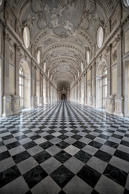Symmetrical View of the Hallway in the Great Gallery, Venaria Reale, Turin, Italy