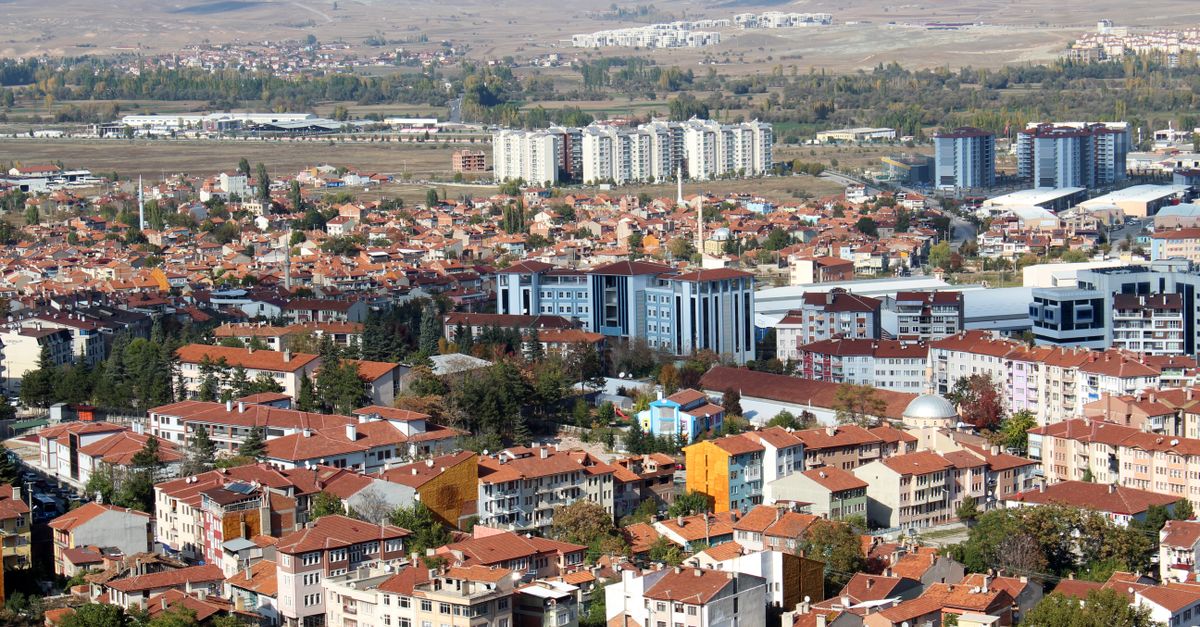 Panoramic view of urban residential area with red-roofed houses and modern buildings.