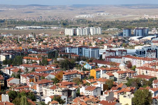 Panoramic view of urban residential area with red-roofed houses and modern buildings.