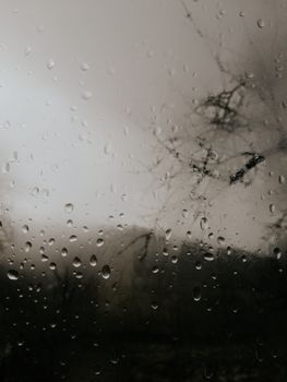 A moody view through a window covered in raindrops, capturing a blurred nature setting.
