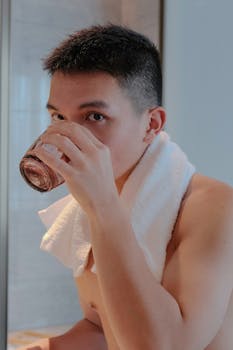 A young man with a towel around his neck drinks water indoors after a workout.