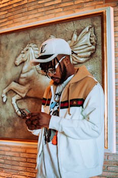 A fashionable man in a trendy outfit checks his phone indoors with artistic horse painting background.
