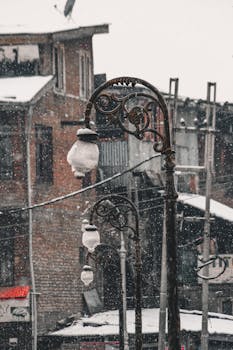 Ornate lamp posts in a snow-covered city street scene, exuding vintage charm.