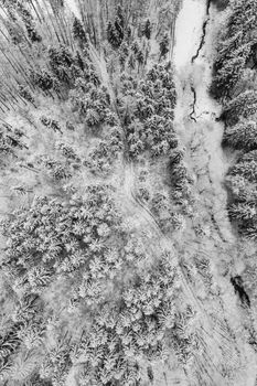 Aerial view of a snow-covered forest landscape in Ilmenau, Germany during winter.