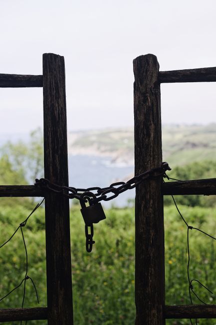 Fotomural Un primer plano de una puerta de madera rústica con un candado y cadena, enmarcando una vista del verde campo.
