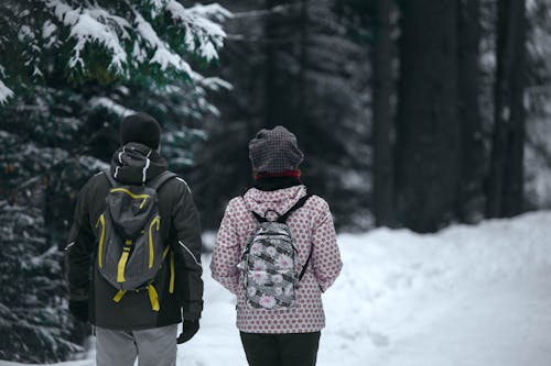 Man and Woman Walking in Forest in Winter