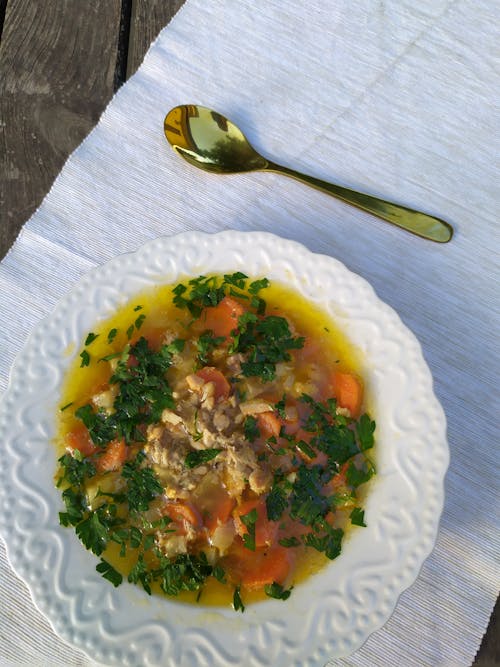 Vegetable with Soup Dish on White Ceramic Bowl