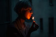 Woman Holding Lit Match Next to Face 