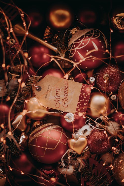 Gold and Red Baubles in Close Up Shot