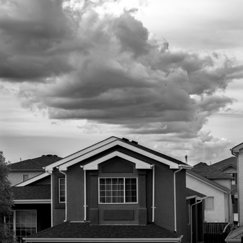 Monochrome image of a suburban house in Winnipeg with dramatic clouds.