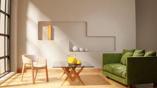 Bright living room with green sofa, wooden furniture, and natural light.
