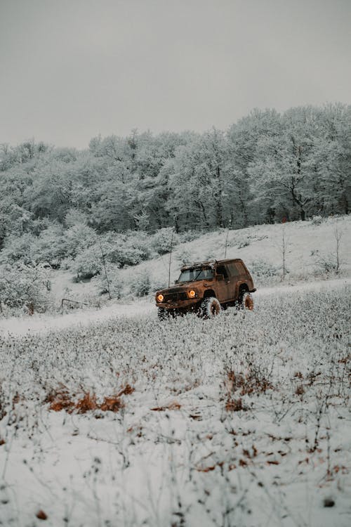 Car Driving Across Snowy Road 