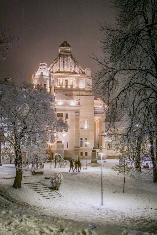 Free People Walking Near the Filarmonica Building in Arad Romania During Winter Snow Stock Photo