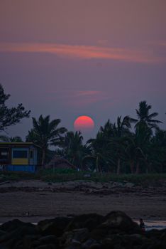 Beautiful sunset with coconut trees at Tecolutla Beach, Veracruz, Mexico.