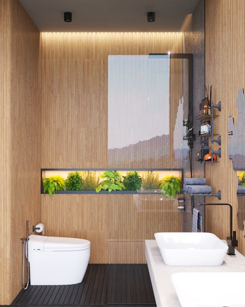 Shower in a Wooden Bathroom