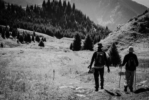 Free Two hikers traverse a picturesque mountain meadow under bright skies in this black and white photo. Stock Photo