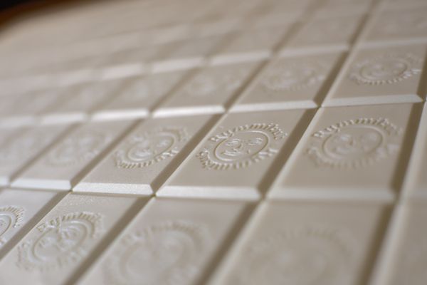 Gros plan sur des tuiles de jeu blanches retournées aux logos en relief