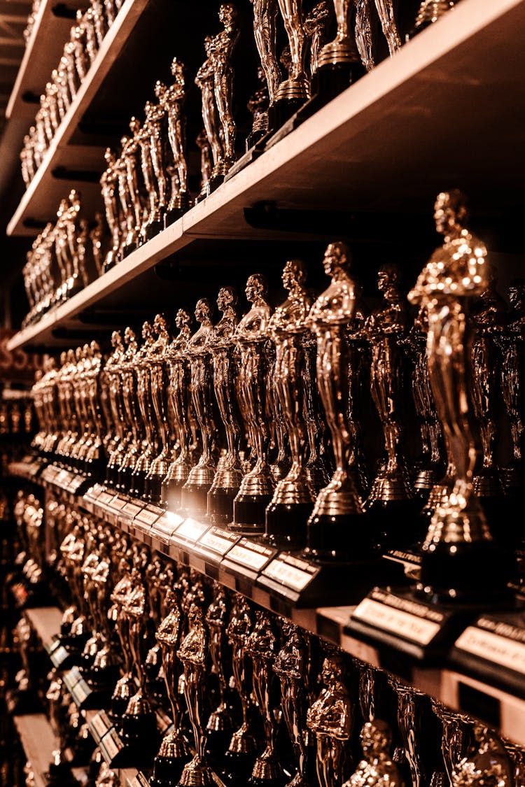 Close Up Shot Of Trophies On Shelves