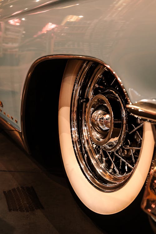 Close-Up Shot of a Wheel of a Vintage Car