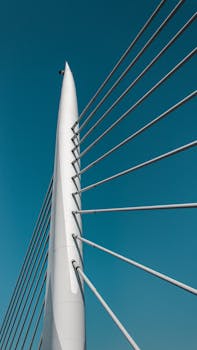 Dynamic view of a modern suspension bridge against a clear blue sky in Türkiye.