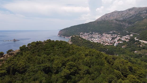 Scenic aerial view of Montenegro's coastline with lush forests and a coastal town.
