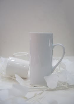 Elegant white ceramic mugs surrounded by delicate white petals on a clean background.