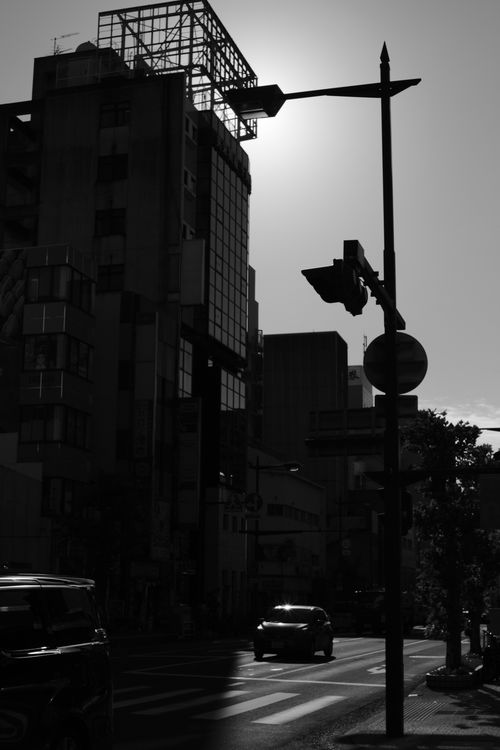 Free Monochrome city street with buildings and cars in silhouette during sunset. Stock Photo
