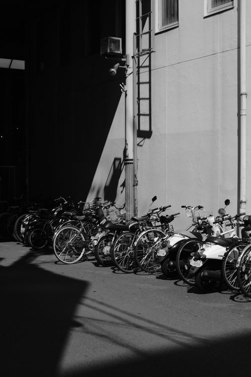 Free Monochrome image of parked bicycles on a sunlit city street, offering a stark contrast. Stock Photo