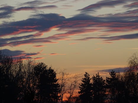 Colorful sunset with dramatic clouds and tree silhouettes on the horizon.