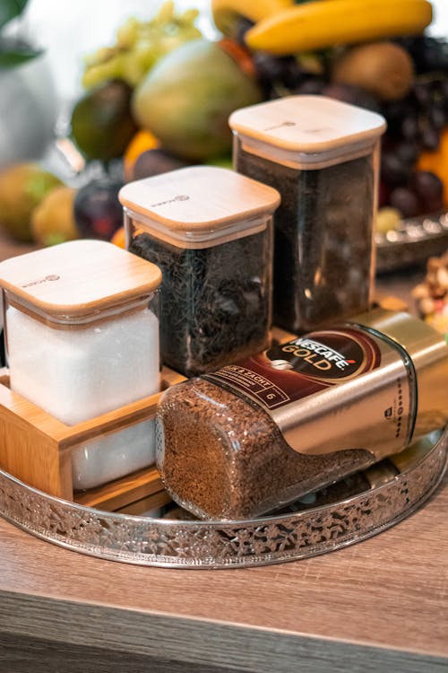 Closeup of a Table with Tea and Coffee in Jars