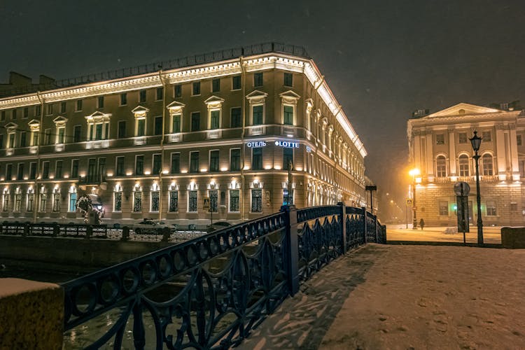 Bridge In City In Winter At Night