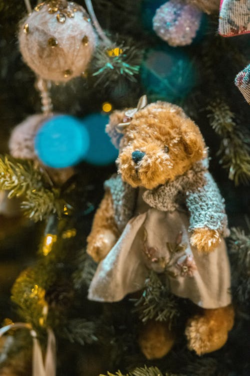 Brown Bear Plush Toy on Christmas Tree