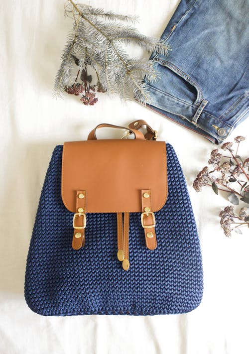 Blue and Brown Leather Handbag