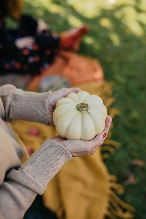 Woman Holding a White Pumpkin