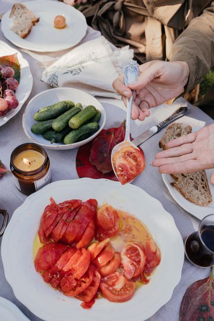 Enjoying a relaxed outdoor meal featuring fresh sliced tomatoes and assorted vegetables.