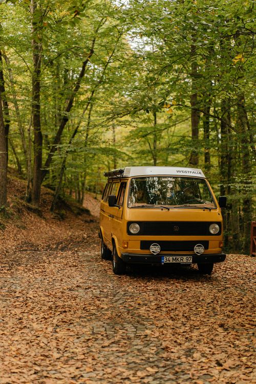 Free A yellow vintage van parked on a leaf-strewn forest path during fall, creating a nostalgic travel scene. Stock Photo