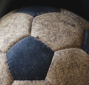 Detailed close-up of an old soccer ball showing its textured and worn surface.