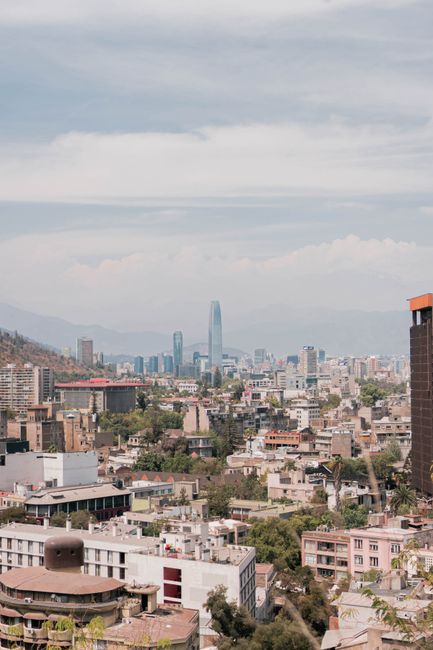 Aerial view of Santiago, Chile featuring skyscrapers and urban landscape under a blue sky.
