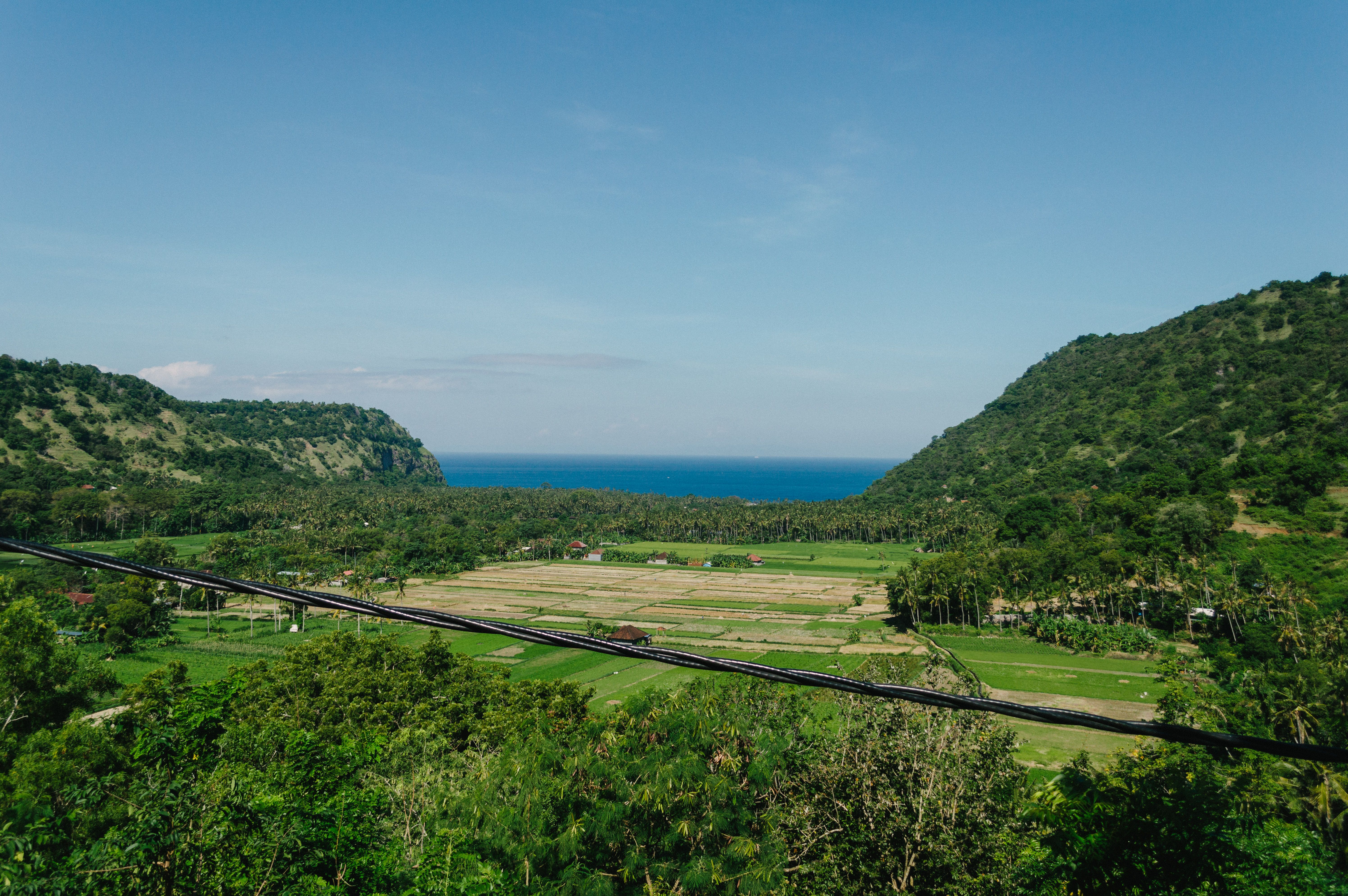 Sawah hijau dan perbukitan dengan laut di Bali, Indonesia